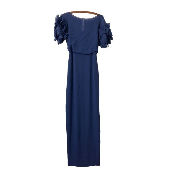 Marchesa Notte Womens Navy Blue Silk Organza Ruffle Sleeve Maxi Gown Size 0